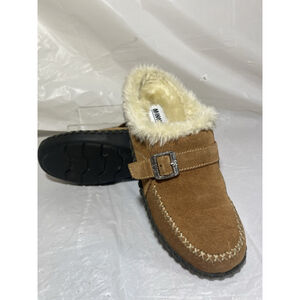 Minnetonka suede Leather Clogs Mules Brown Slip On Shoes size 6 shearling